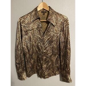 Tesori Womens Top Medium Brown Animal Print Silk Stretch Button Up Mob Wife Y2K